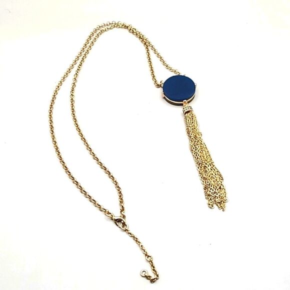 Gold Fashion Necklace with Navy Blue Circle Stone & Gold Tassels - Picture 1 of 7